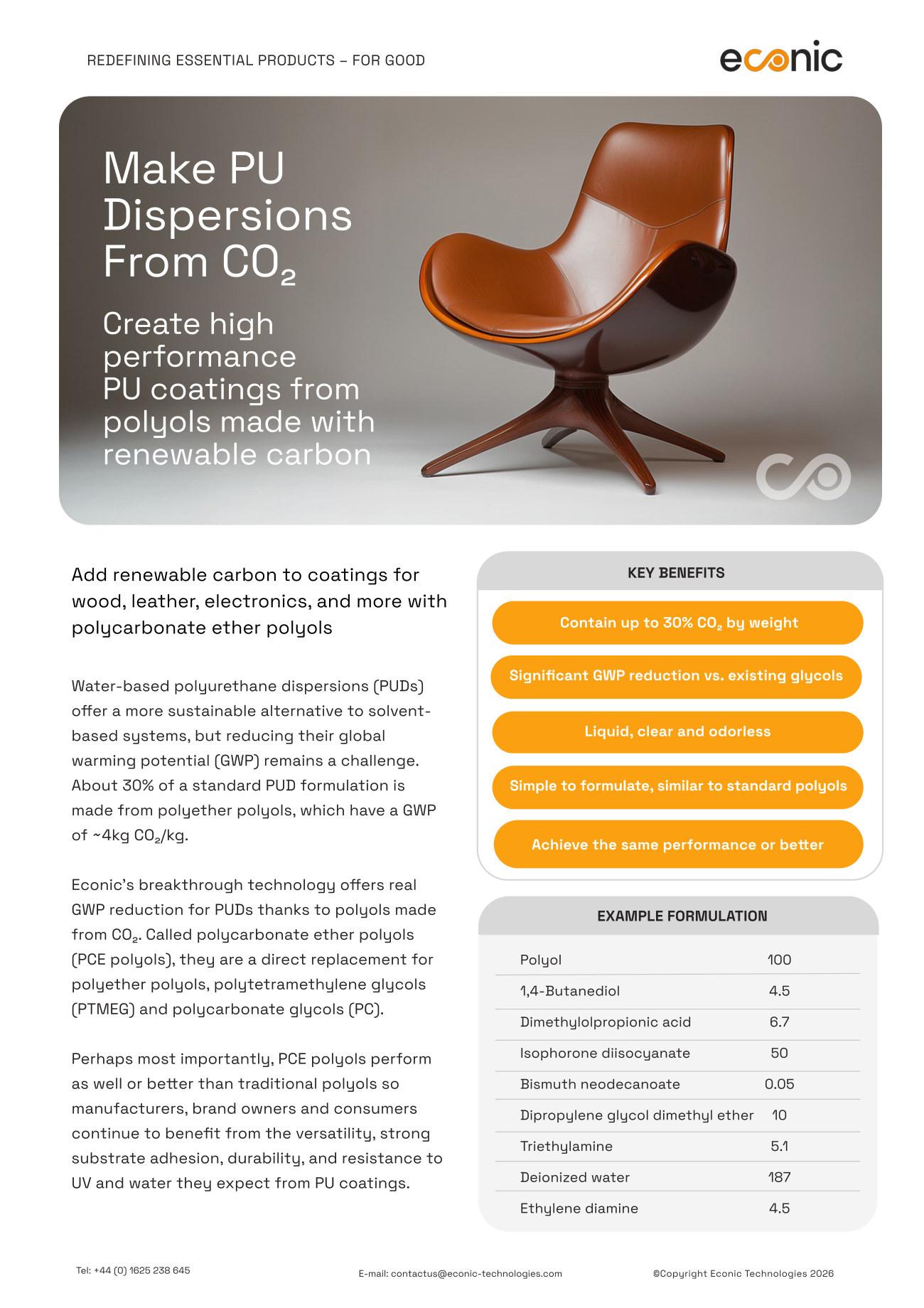 Econic brochures for PU dispersions and Recreaire® emulsification, written and designed by MacAllen Media & Public Affairs