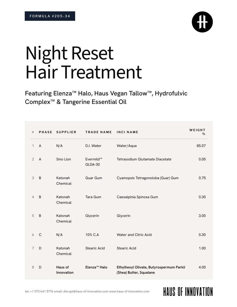 Formulation sheet for Night Reset Hair Treatment, made with the generator