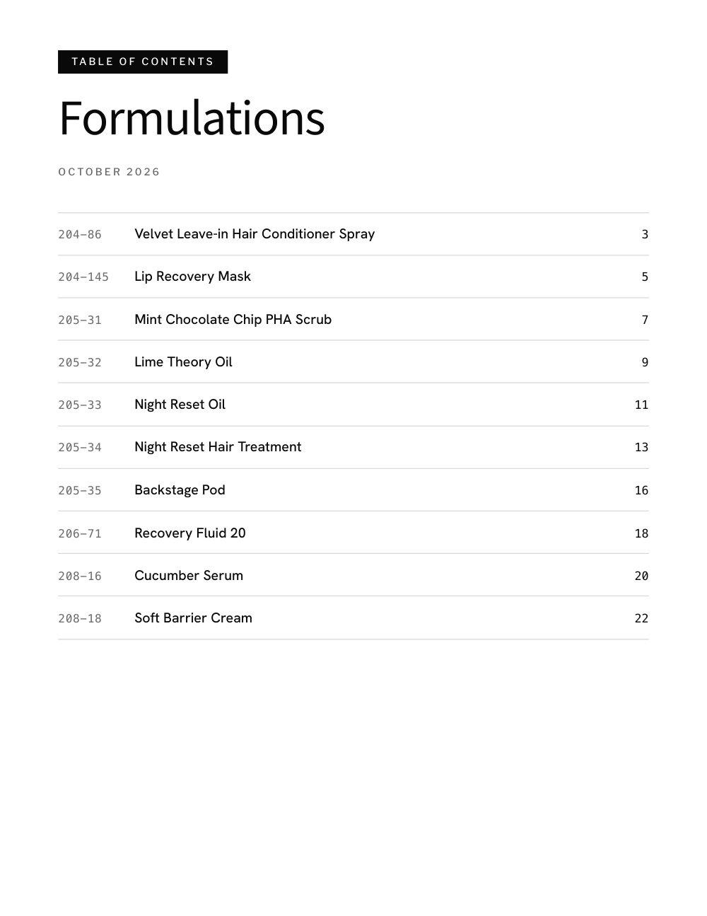 Table of contents listing the brochure’s 11 formulations